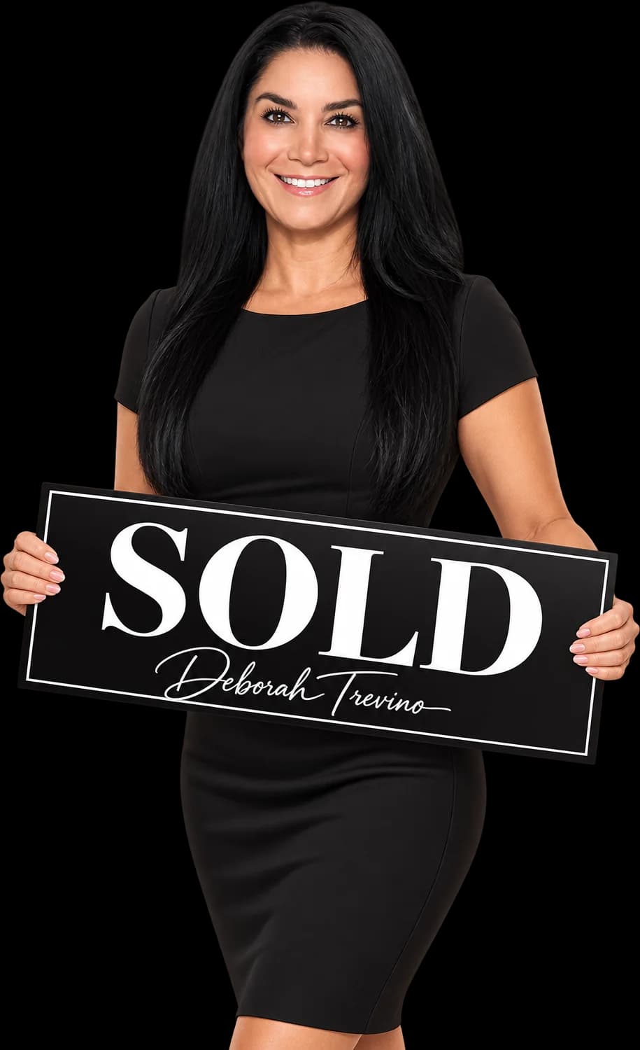 Deborah Trevino sosteniendo un letrero de SOLD (vendido)