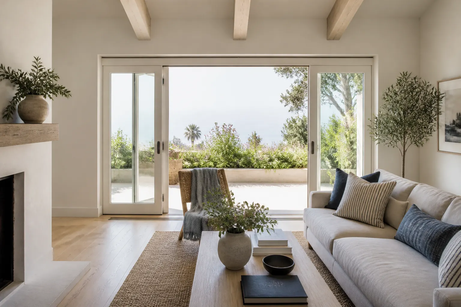 Sala costera luminosa con puertas de vidrio abiertas hacia un jardín
