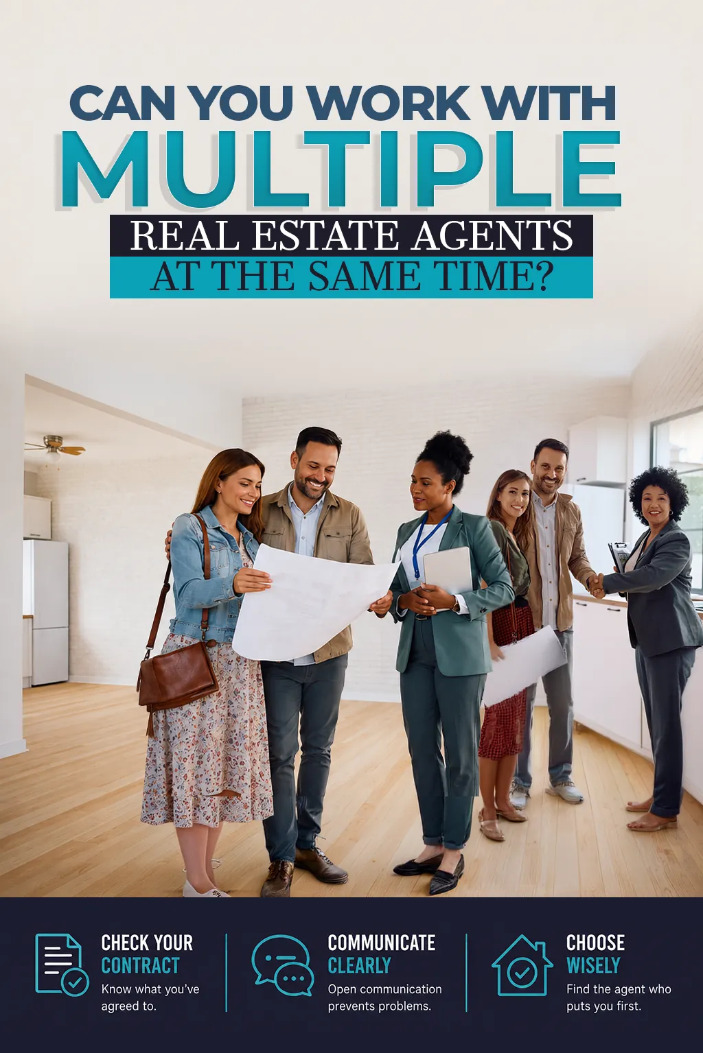 ¿Puede trabajar con varios agentes inmobiliarios al mismo tiempo? Consejos: revise su contrato (sepa a qué se ha comprometido), comuníquese con claridad (la comunicación abierta evita problemas), elija con sensatez (encuentre al agente que lo ponga a usted primero). En la imagen: compradores de vivienda revisando planos con varios agentes en una casa vacía.