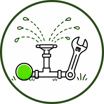 Ilustración de líneas de un aspersor rociando agua junto a una llave inglesa