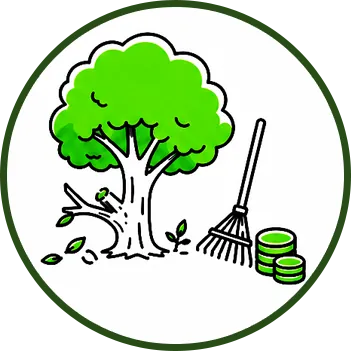 Ilustración de líneas de un árbol grande con una rama cortada, un rastrillo y una pila de monedas