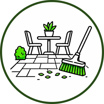 Ilustración de líneas de una mesa y sillas de patio sobre adoquines con una escoba barriendo hojas