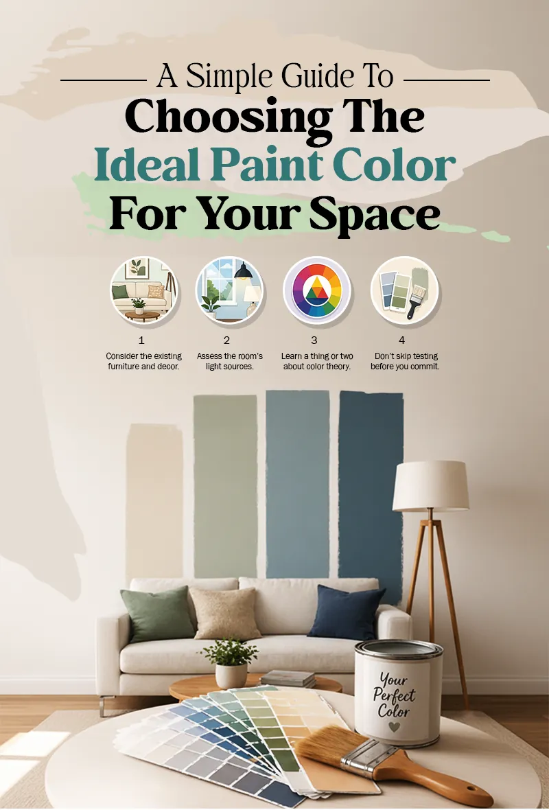 Guía sencilla para elegir el color de pintura ideal para su espacio: 1. Tome en cuenta los muebles y la decoración existentes. 2. Evalúe las fuentes de luz de la habitación. 3. Aprenda un poco sobre teoría del color. 4. No omita las pruebas antes de decidirse. Se muestran: muestras de pintura en la pared de una sala sobre un sofá, un abanico de colores y una lata de pintura.