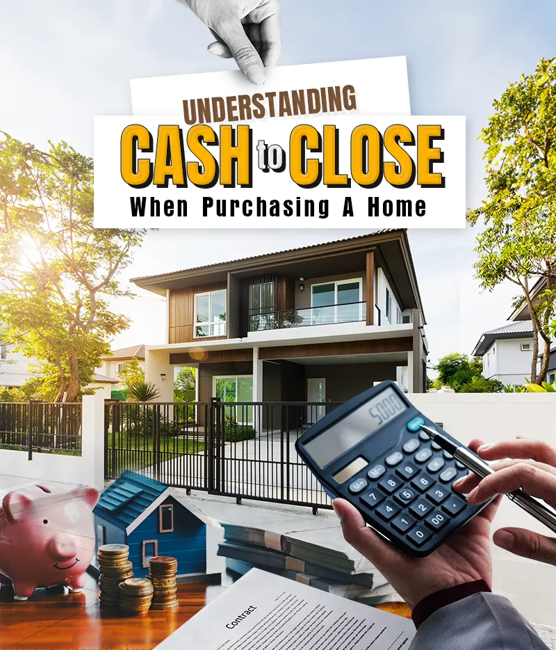 Cómo entender el efectivo para el cierre al comprar una casa. Se muestra: una casa moderna, una alcancía, una maqueta de casa, monedas y una mano usando una calculadora sobre un contrato.